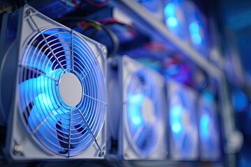 Close-up view of multiple illuminated cooling fans in an enclosed system, emitting a cool, blue glow