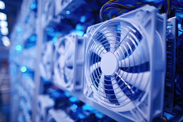 Close-up of several cooling fans in a technological setting, bathed in a cool blue light