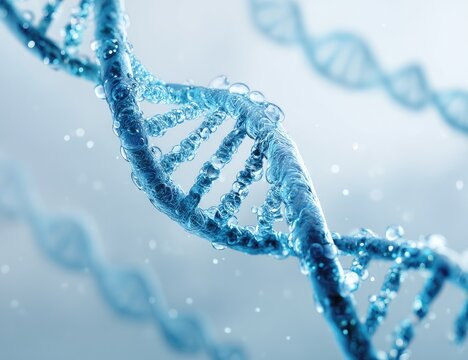 Close-up of a shimmering, spiraling double helix structure in blue, with water droplets