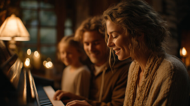 Harmony in the Home: A loving family moment unfolds as a mother plays the piano, sharing music with her family in a cozy and intimate setting.