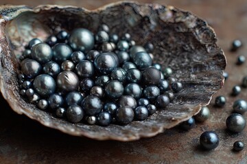 Close-up of lustrous, dark pearls clustered inside a weathered seashell. A treasure trove