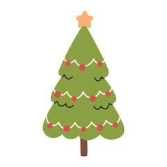 Cute vector illustration of a decorated Christmas tree with colorful ornaments and a star on top. Simple festive holiday design, perfect for greeting cards, stickers, promo and seasonal decorations