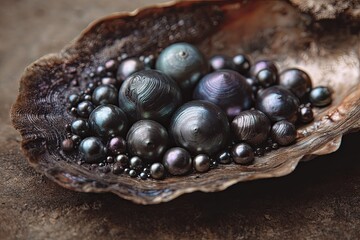 Close-up captures lustrous dark pearls of various sizes spilling from a rough seashell