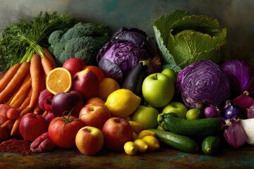 A vibrant still life of assorted fresh produce arranged on a textured, rustic surface