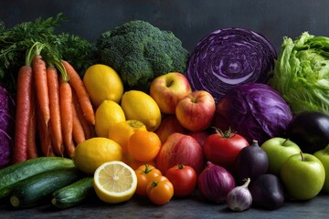 A vibrant array of fresh produce, including vegetables and fruits, arranged on a surface