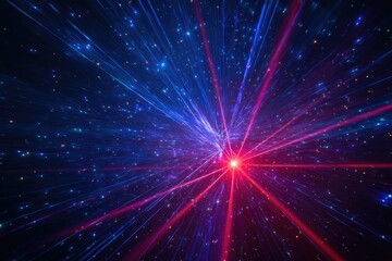 Abstract illustration of vibrant, radiating red and blue light beams in a dark space