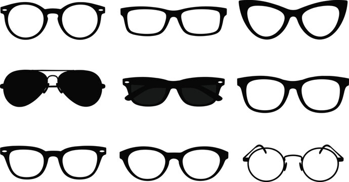 Collection of nine black silhouette eyeglasses and sunglasses on white background