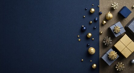 Festive dark blue and gold Christmas ornament arrangement, with gift boxes and snowflake decor