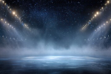 A misty, illuminated ice rink under a starry, blue sky, spotlights shining