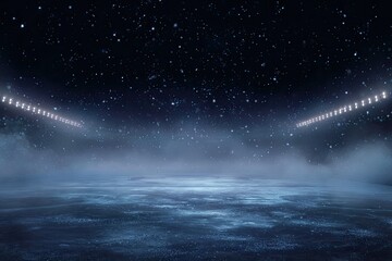 An empty ice rink under a starry night sky illuminated by bright stadium lights