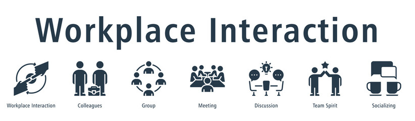 Workplace Interaction web banner icon vector illustration concept with icon of workplace interaction, colleagues, group, meeting, discussion, team spirit, and socializing.