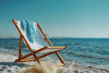 A beach chair with a towel sits on a sandy shore facing the vast, tranquil ocean under a clear sky