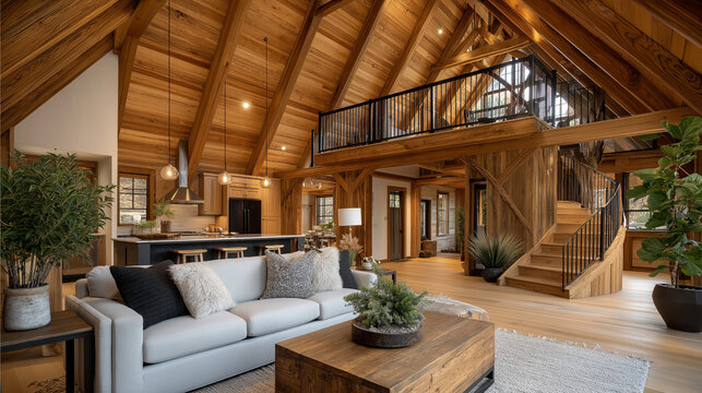 Wooden Interior: An inviting interior with exposed wooden beams, creating a warm, cozy atmosphere. The architecture includes a loft, staircase and a modern kitchen.