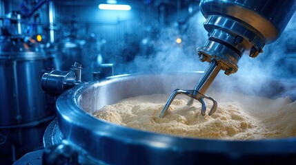 A machinery mixer blends powder in a large industrial container, surrounded by steam and blue lighting, showcasing a high-tech production environment.