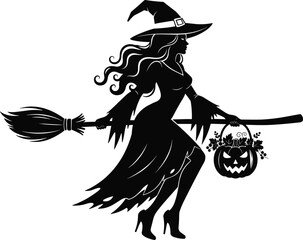 Silhouette of a witch flying on a broomstick holding a jack o lantern basket halloween