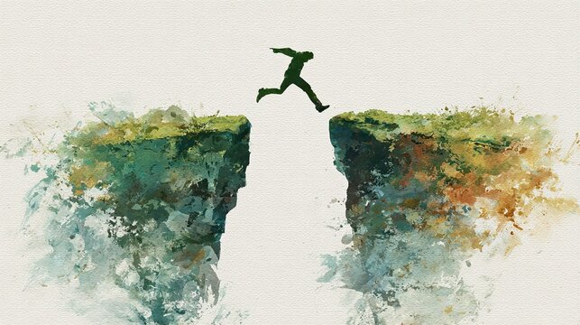 A silhouette of a person leaping across a chasm, surrounded by vibrant splashes of color, symbolizing adventure and overcoming obstacles.