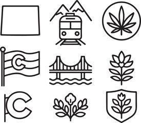 Colorado state symbols vector collection: state map, flag, mountain train, cannabis leaf, columbine flower, and bridge outline icons set. isolated on white background, Vector, illustration
