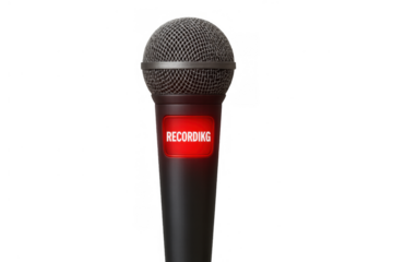 Microphone with red recording light, capturing sound for live broadcast, podcast, media, and voice-over on transparent background