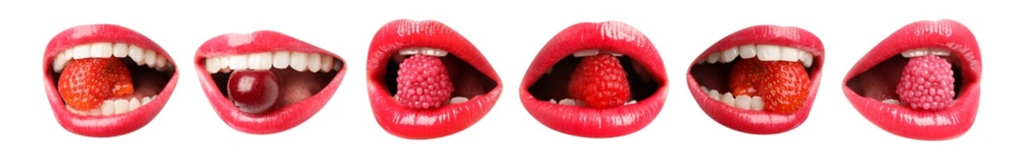 Women holding fresh berries and candies in mouth on white background, closeup. Female lips with...