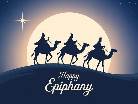 Silhouetted three wise men on camels journeying under a bright star and full moon