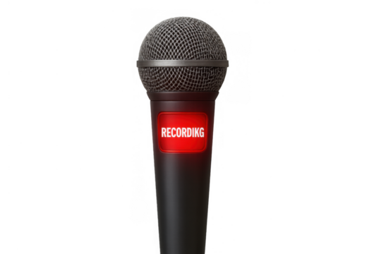 Microphone with red recording light, capturing sound for live broadcast, podcast, media, and voice-over on transparent background