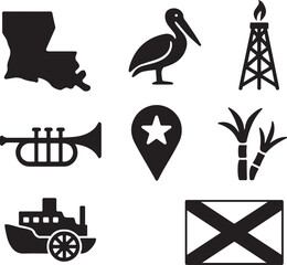Louisiana state symbols and iconic elements vector illustration set: map, pelican, oil rig, trumpet, flag, sugarcane, steamboat, location marker. isolated on white background, Vector, illustration