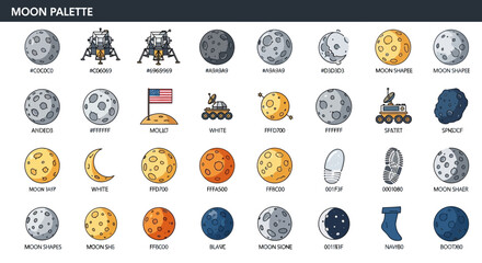 Detailed illustration of various moon phases and space exploration elements palette © Azrha