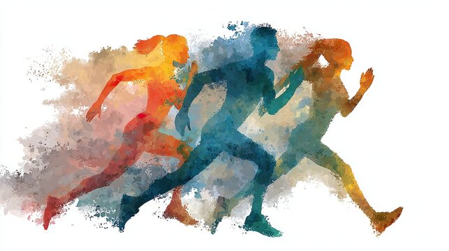 Abstract illustration of three runners in motion, showcasing vibrant colors and dynamic lines, symbolizing energy and athleticism.