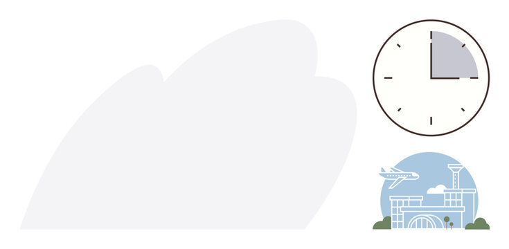 Airplane flying above an airport, accompanied by a clock showing time. Ideal for travel, transportation, planning, punctuality, logistics, aviation and time management. Simple flat metaphor