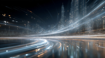 City of Lights and Motion: An abstract cityscape pulsates with vibrant energy, streaks of light painting a dynamic image of urban life, embodying motion and modernity.