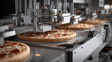 A high-tech kitchen setup features robotic arms assembling pizzas on a production line, showcasing automation in food preparation.