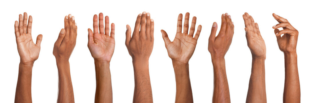 Man showing hand on white background, set. Different sides