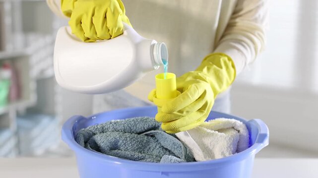Woman pouring detergent into cap over plastic basin with towels at table indoors, closeup