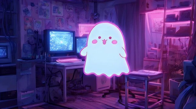 Cozy Neon Room with Ghost Decoration and Retro Computer Setup with ai generated