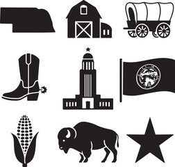 Nebraska icons collection featuring state map, capitol building, flag, covered wagon, cowboy boot, corn, bison, barn, and star isolated on white background, Vector, illustration