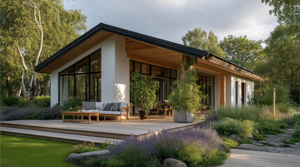 Contemporary Home in Serene Landscape: A modern home design seamlessly integrates with its lush, green surroundings. The home offers a harmonious blend of architecture and nature.