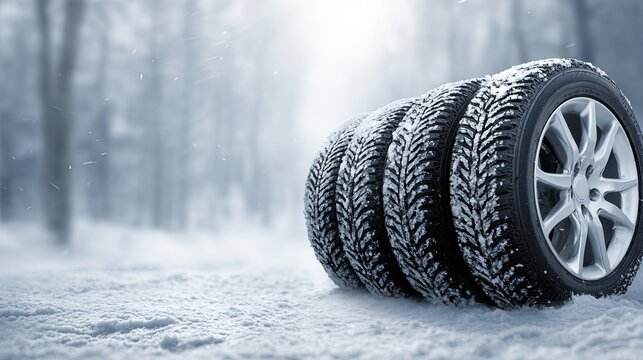 A stack of winter tires resting on a snowy surface, surrounded by a blurred winter landscape, emphasizing cold weather driving conditions.