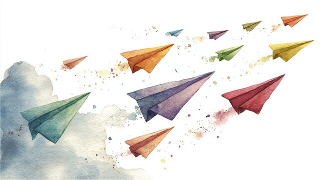 Colorful paper airplanes soar through a dreamy sky, creating a whimsical feeling of freedom and adventure.