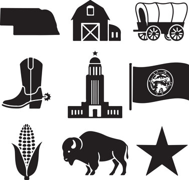 Nebraska icons collection featuring state map, capitol building, flag, covered wagon, cowboy boot, corn, bison, barn, and star isolated on white background, Vector, illustration