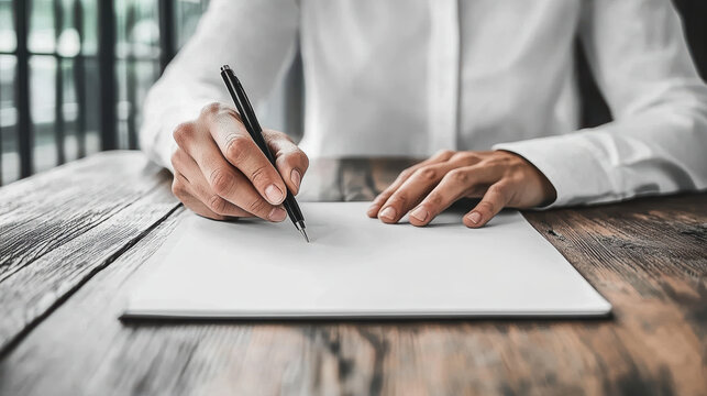 Person writing on paper with pen in professional setting expressing focus and calm