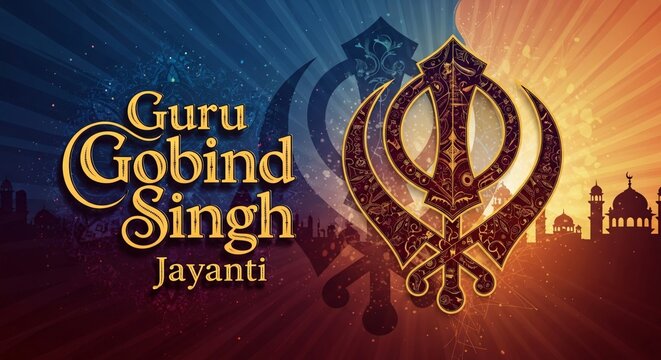 Guru Gobind Singh Jayanti Celebration Indian Festival Sikhism Khanda Symbol Religious Event Background Image