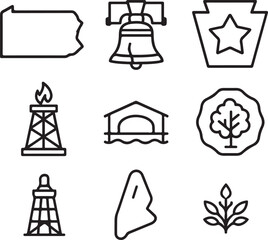 Pennsylvania state symbols and landmarks icon set: featuring liberty bell, keystone, covered bridge, oil derrick, and natural elements. isolated on white background, Vector, illustration