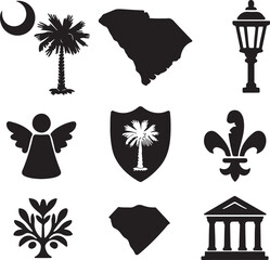 South carolina vector silhouettes featuring state map, palmetto tree, crescent moon, historic buildings, and diverse cultural emblems on white. isolated on white background, Vector, illustration