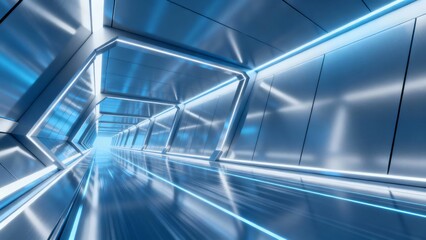 Futuristic metallic corridor with blue neon lighting and reflective surfaces