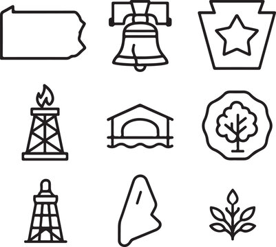 Pennsylvania state symbols and landmarks icon set: featuring liberty bell, keystone, covered bridge, oil derrick, and natural elements. isolated on white background, Vector, illustration
