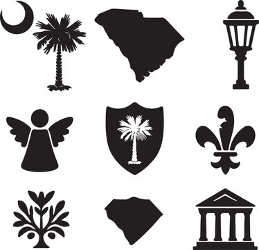 South carolina vector silhouettes featuring state map, palmetto tree, crescent moon, historic buildings, and diverse cultural emblems on white. isolated on white background, Vector, illustration