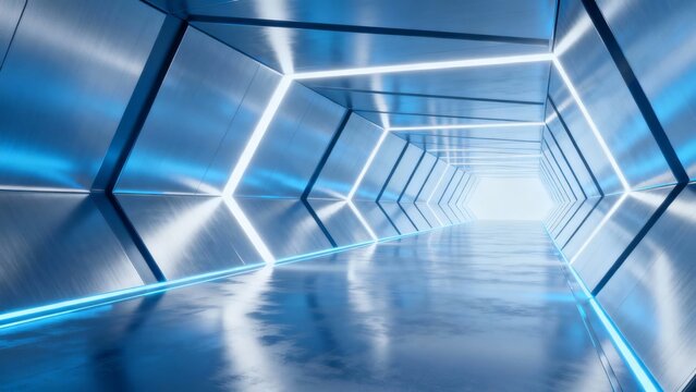 Futuristic metallic corridor with glowing blue neon lights and reflective surfaces