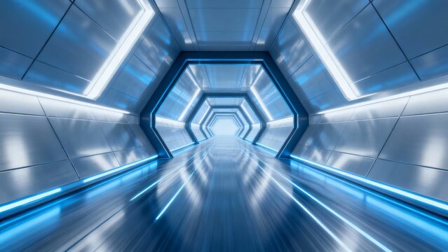 Futuristic hexagonal tunnel with blue lighting and reflective floor