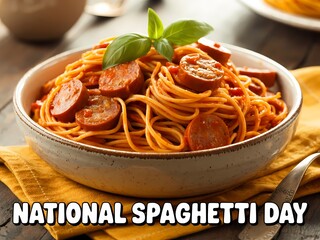 Delicious spaghetti with sausage and fresh basil topped with national spaghetti day text