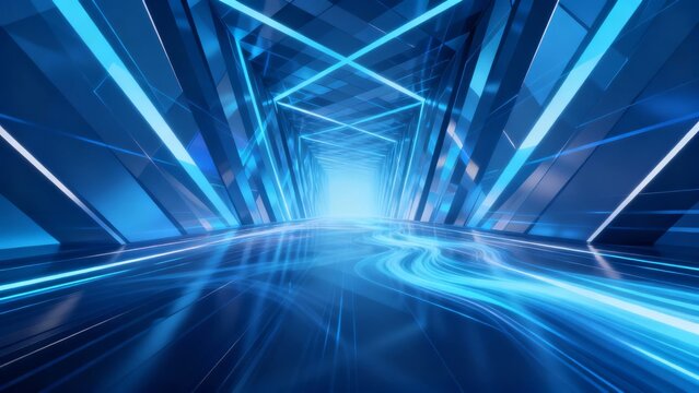 Futuristic blue corridor with glowing neon lines and reflective floor creating a high-tech tunnel effect - Powered by Adobe